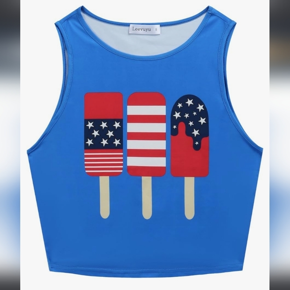 Leevuyu Americana Red, White and Blue Stars and Stripes Popsicle Crop Shirt SZ M